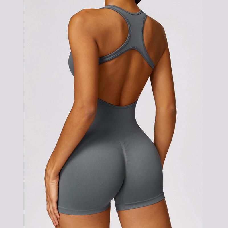 Seamless European-American Yoga Ribbed Bodysuit with Sexy Back and Five-Point Pants for Outdoor Fitness