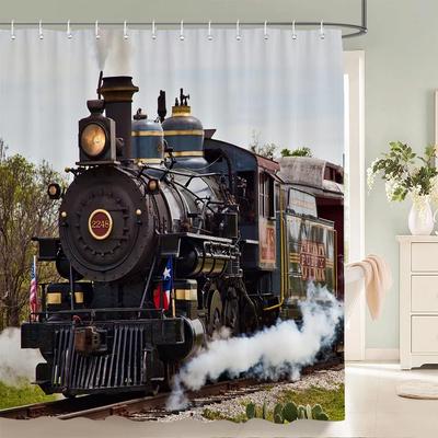 Retro and Old Age of Steam Train Shower Curtain 3d Printed Polyester Fabric Waterproof Bathroom Curtain Decoration With Hooks
