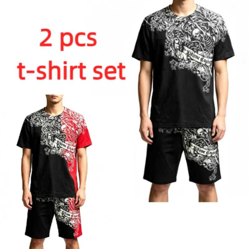 Summer Casual Retro Skull Printed Round Neck Short Sleeved Kids T-Shirt And Shorts Set Boy's and Girl's T-shirt Shorts Set