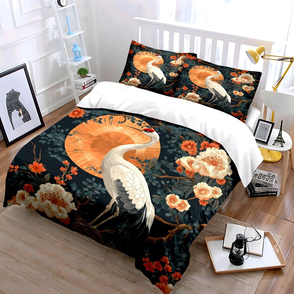 Crane with Floral Sunset Bedding Duvet Cover Set  (1*Duvet Cover 2*Pillowcases, without duvet insert)