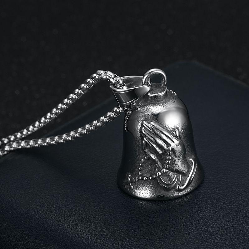 New Punk Praying Hands Cross Lucky Exorcism Bell Pendant Jewelry 60CM