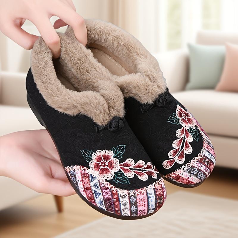 Womens Slip on Winter Shoes Thickened Warm Lined Cushioned Sole Floral Pattern Low Heel Round Toe Ankle Boots with Plush Lining