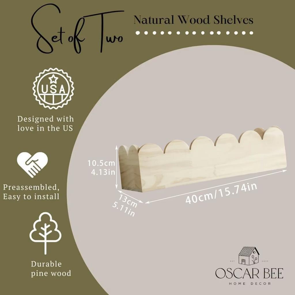 Boho Wooden Wall Shelf, Natural Pine Wood Floating Shelf, Scalloped Edge Display for Nursery, Kids’ Room, or Home Decor Nordic