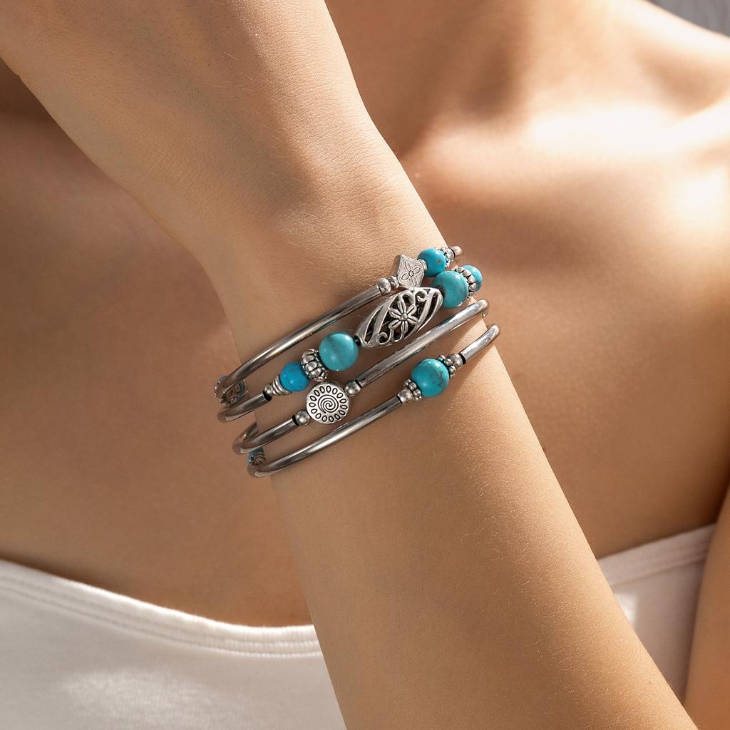 Retro tiger eye stone turquoise bead mixed with geometric pattern tube splicing multi-layer women's bracelet