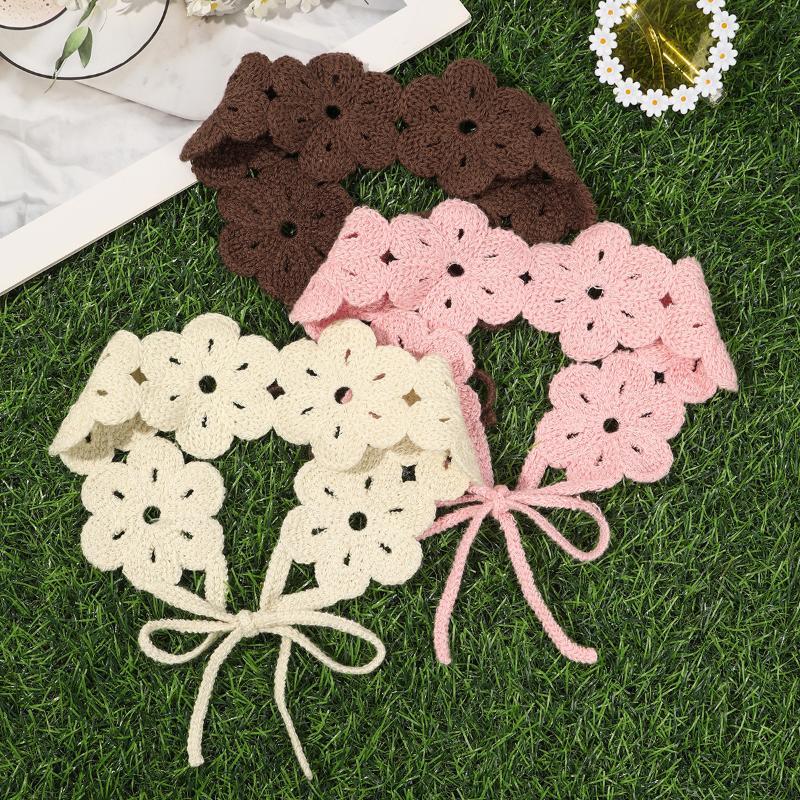Elegant French Knitted Headband Retro Countryside Style Crochet Flower Hair Band Bohemian Pastoral Women Hair Scarf Children