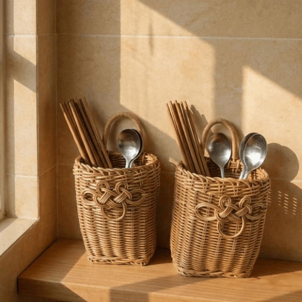 Space Saving Handwoven Storage Basket Plastic Wall Hanging Basket Sundries Organizer  for Kitchen