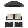 2 Seater Garden Sofa with Sun Umbrella and Footstools Black Poly Rattan