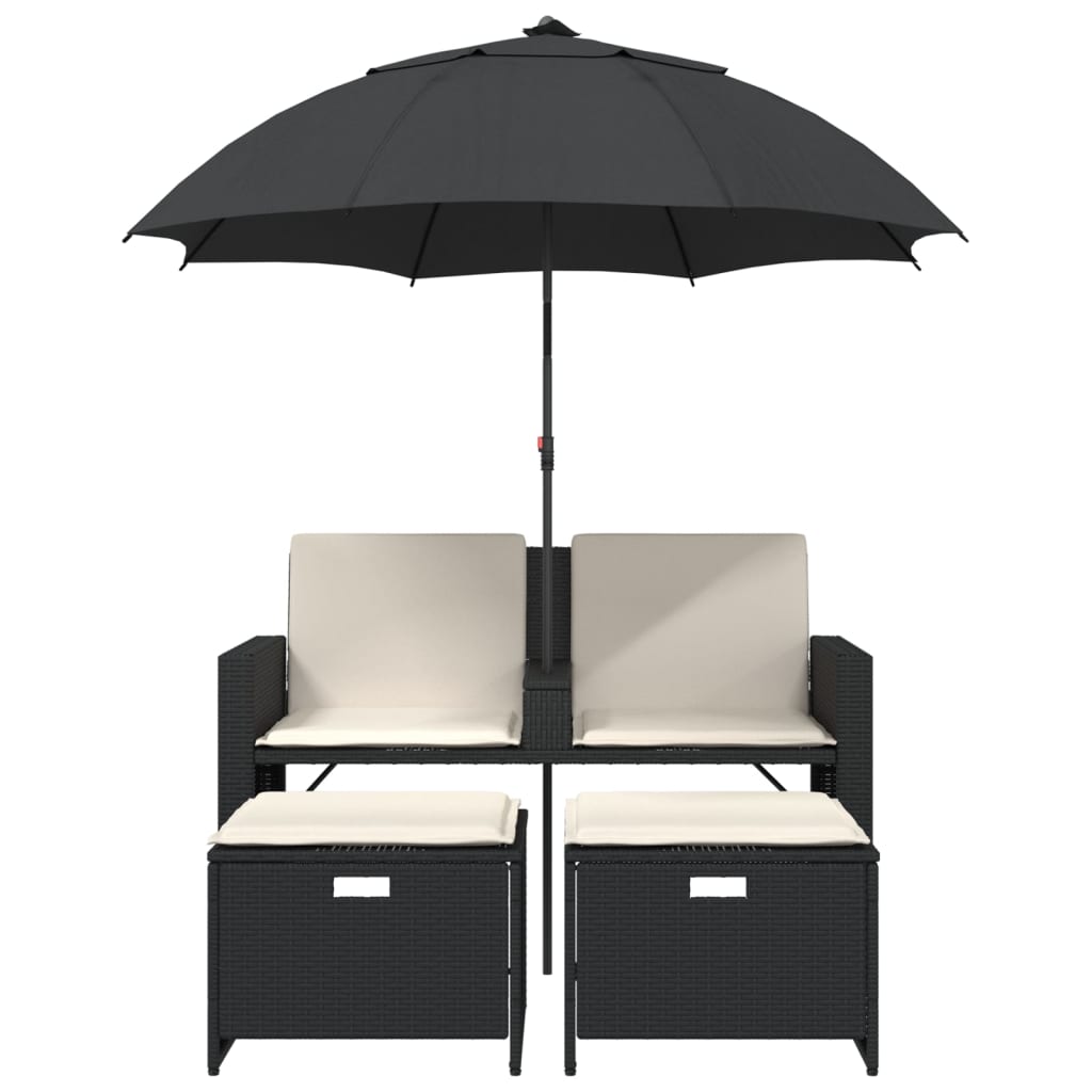 2 Seater Garden Sofa with Sun Umbrella and Footstools Black Poly Rattan