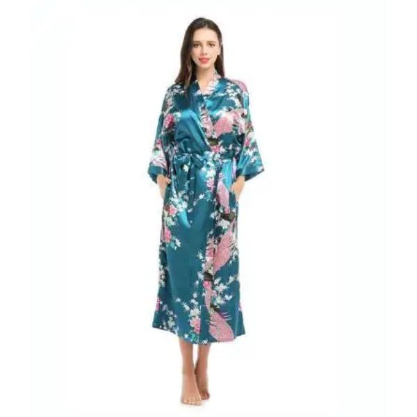 

Womens Silk Satin Kimono Robes Long Sleepwear Dressing Gown Floral Peacock Printed Pattern Party Wedding Bridesmaid Bathrobe XXXL peacock синього кольору