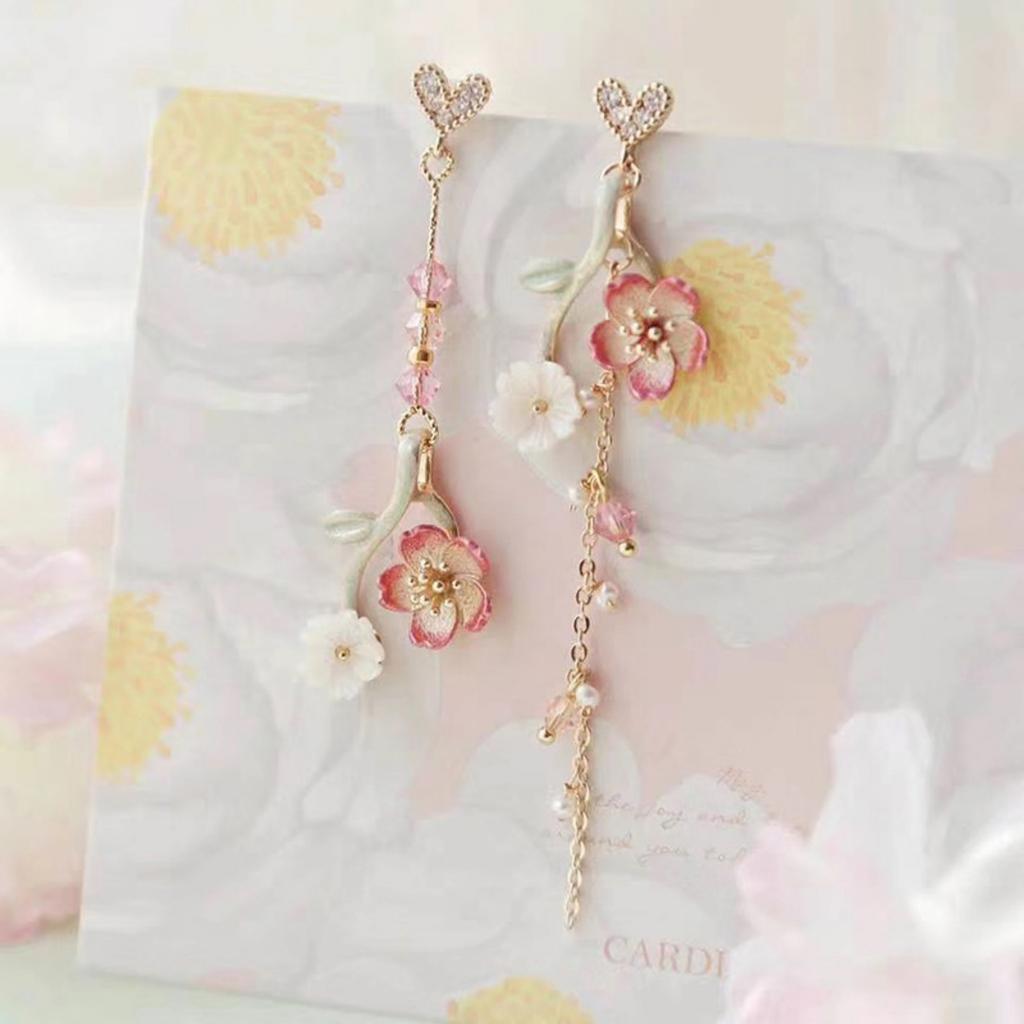 Sweet Pink Cherry Blossom Long Chain Tassel Asymmetrical Drop Earrings For Women Men Elegant Flower Heart Earring Dainty Jewelry
