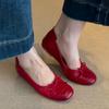 Sheepskin Retro Red Bow Ballet Flats - Women's Low-Cut Slip-On Square Toe Shoes