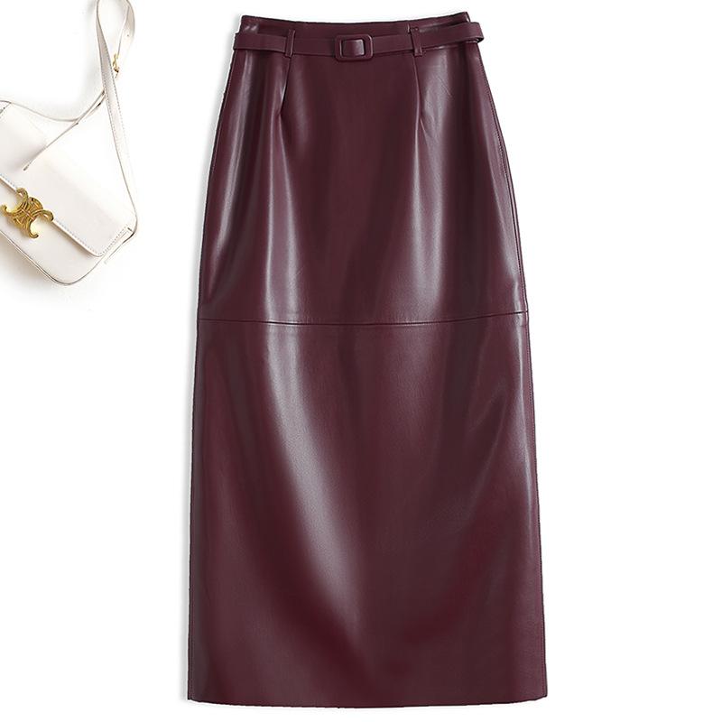 

Жіноча шкіряна спідниця-олівець з високою талією - струмлива середньої довжини зі шліцом, Колекція 2025 M 26.6 inches