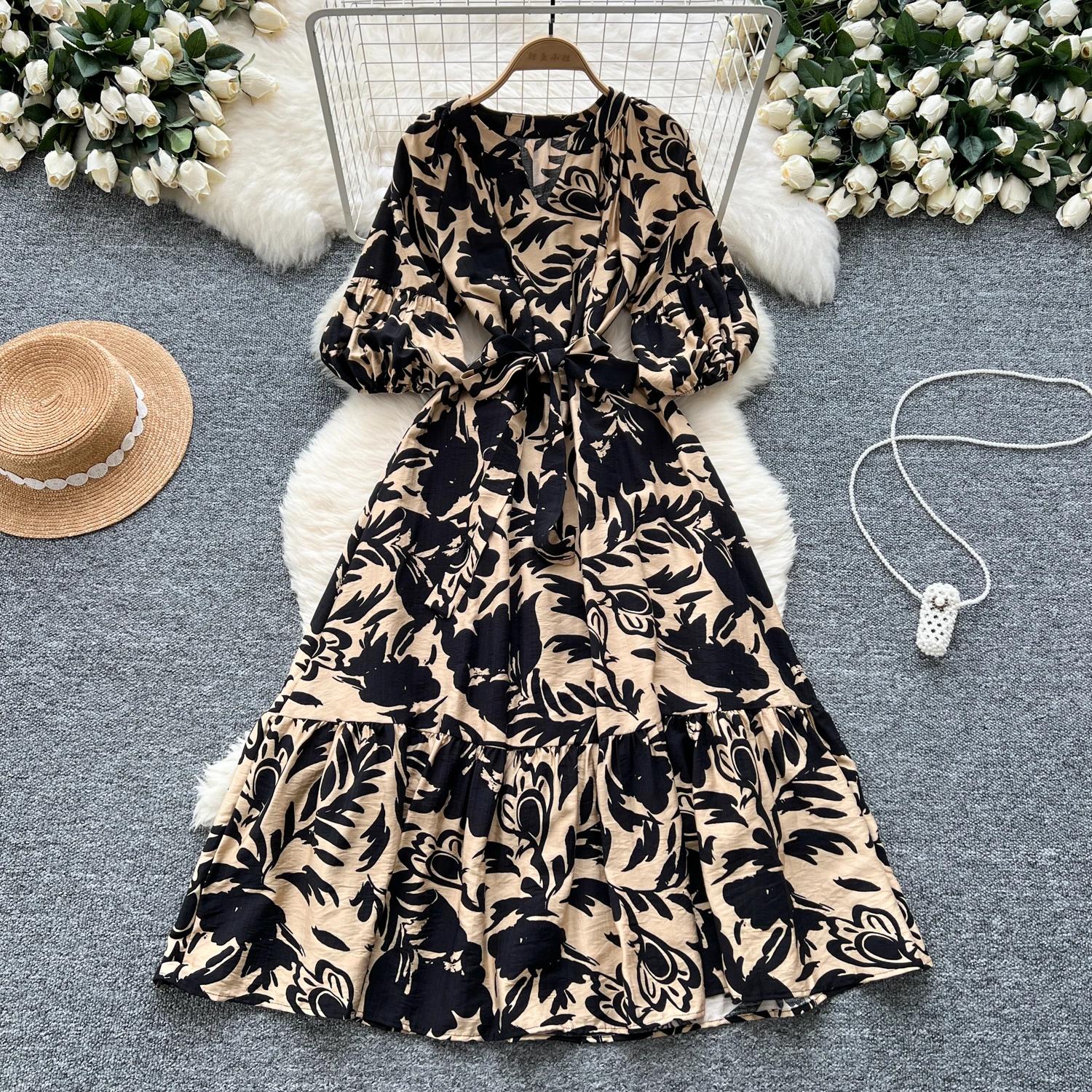 

Элегантные рукава-фонарики с винтажным V-образным вырезом, шикарный принт, облегающие платья трапециевидной формы, длинные платья, вечерние платья для французского стиля, осенняя одежда One Size хаки