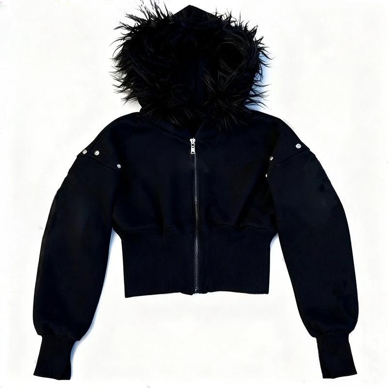 VAYLA Y2K Harajuku Gothic Damen Kapuzenpullover Sexy Schlank Schick Wildleder Pelzkragen Buchstabenprint Strickjacke Sweatshirt Ästhetisch Damen Streetwear