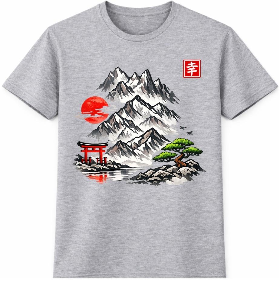 Japanese Landscape T Shirt Mountain Sakura Bonsai Art Graphic Tee