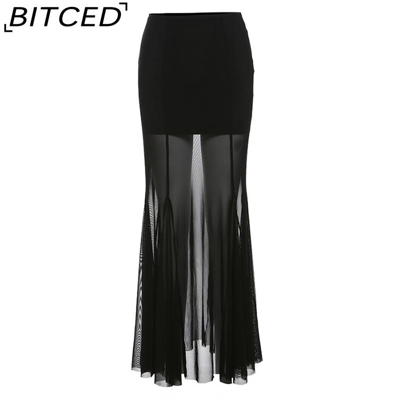 

BITCED Spring Women s Solid-Colour Slim-Fit Streetwear High-Waisted Pencil Skirt with Mesh Overlay L чёрный