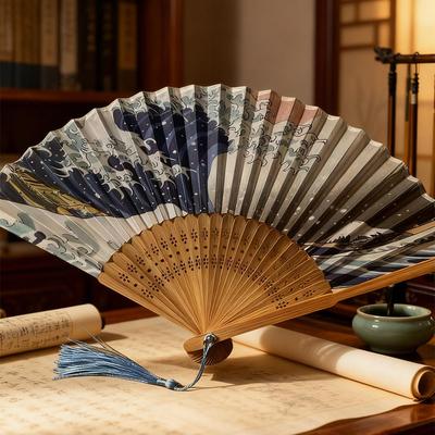 Leque Japonês Dobrável Decorativo Feito à Mão Onda de Kanagawa Leque Dobrável Portátil Ventiladores de Mão Vintage Leque Dobrável Estilo Antigo