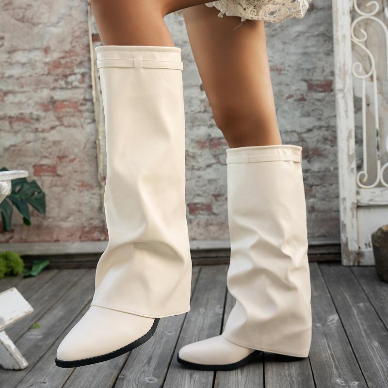 Autumn New Pointed Toe Metal Buckle Soft Sole Non-Slip Wear-Resistant Block Heel Single Shoes Trouser Leg Boots
