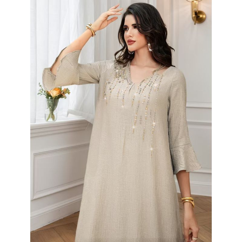 New Arrival Middle East V Neck Diamond Bell Sleeve Dress Robe V-neck Diamond Studded Dress