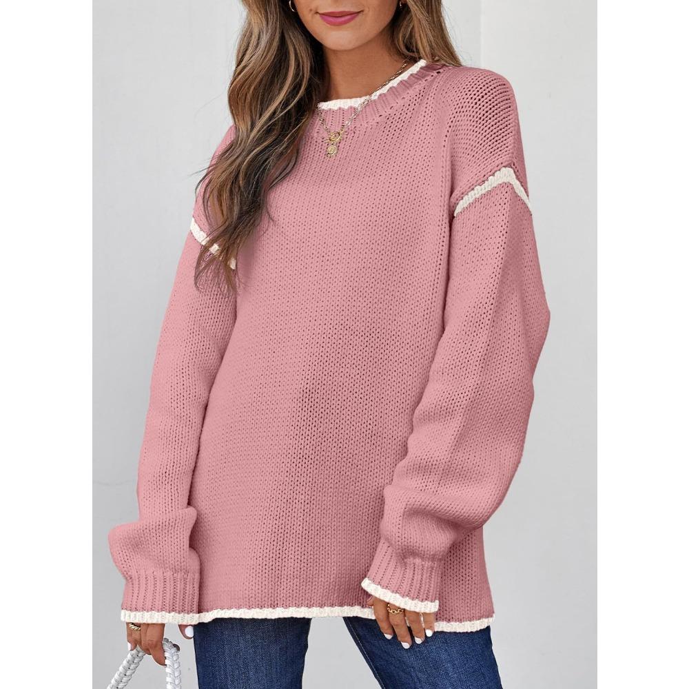 Casual Pullover Long Sleeved Loose Contrasting Solid Color Women's Sweaters