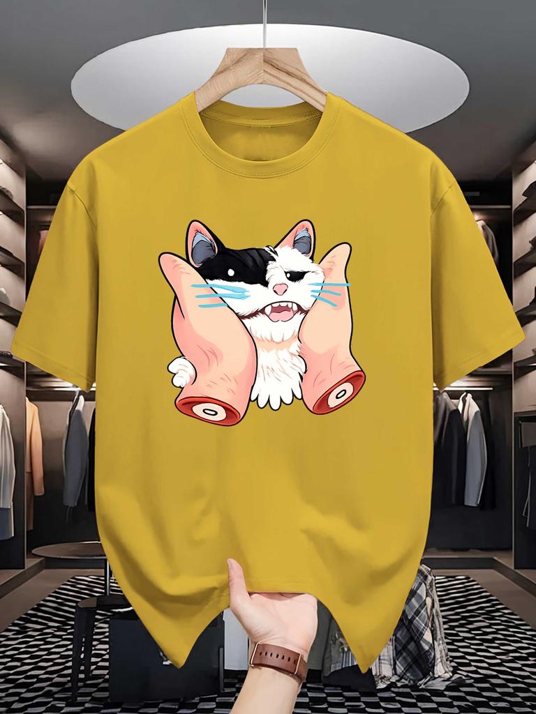 Unisex Crew Neck Tee Funny Squish Cat Cartoon Graphic Print Soft Cotton Loose Short Sleeve Summer Casual Male Daily Streetwear Tops