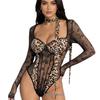 Leoparden-Spitzen-Dessous-Set: Langarm-Body mit Brustpolsterung