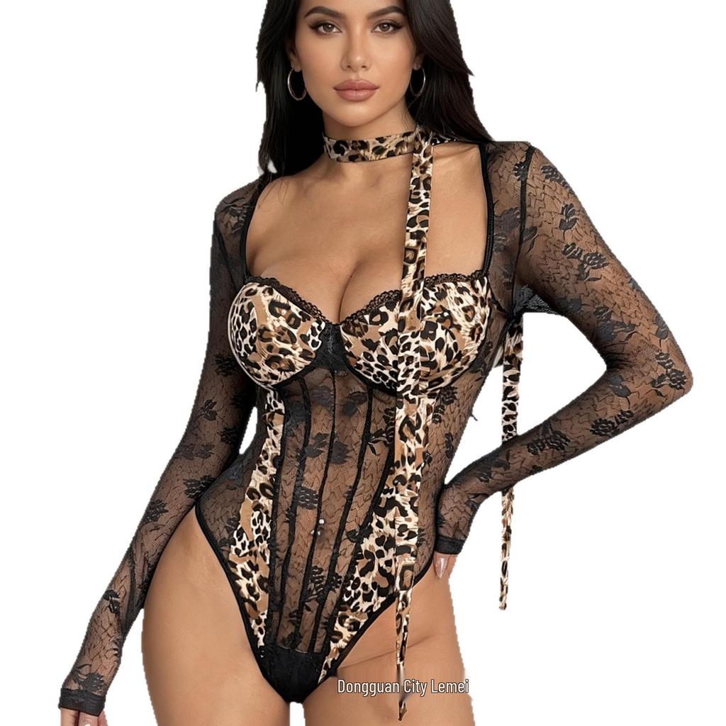 Leoparden-Spitzen-Dessous-Set: Langarm-Body mit Brustpolsterung