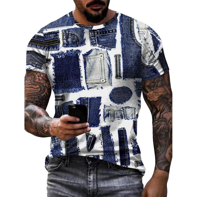 Vintage T-Shirt For Men Patchwork Denim Graphic Tees 3D Printing Short Sleeve Casual T Shirt Oversized Men's Clothing Tops