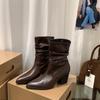 Brown Maillard Pointed High Heel Short Boots Women's Shoes 2025 Skinny Pile Boots Spring and Autumn Single Boots Coarse Heel Martin Boots