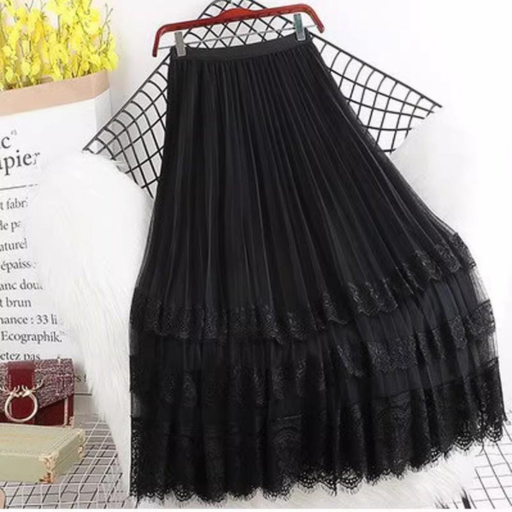 

Qooth Women A Line Splice Tulle Lace Pleated Skirt Wide Hem Mid Length Elastic Waist Casual Skirt QT2649 One Size чёрный