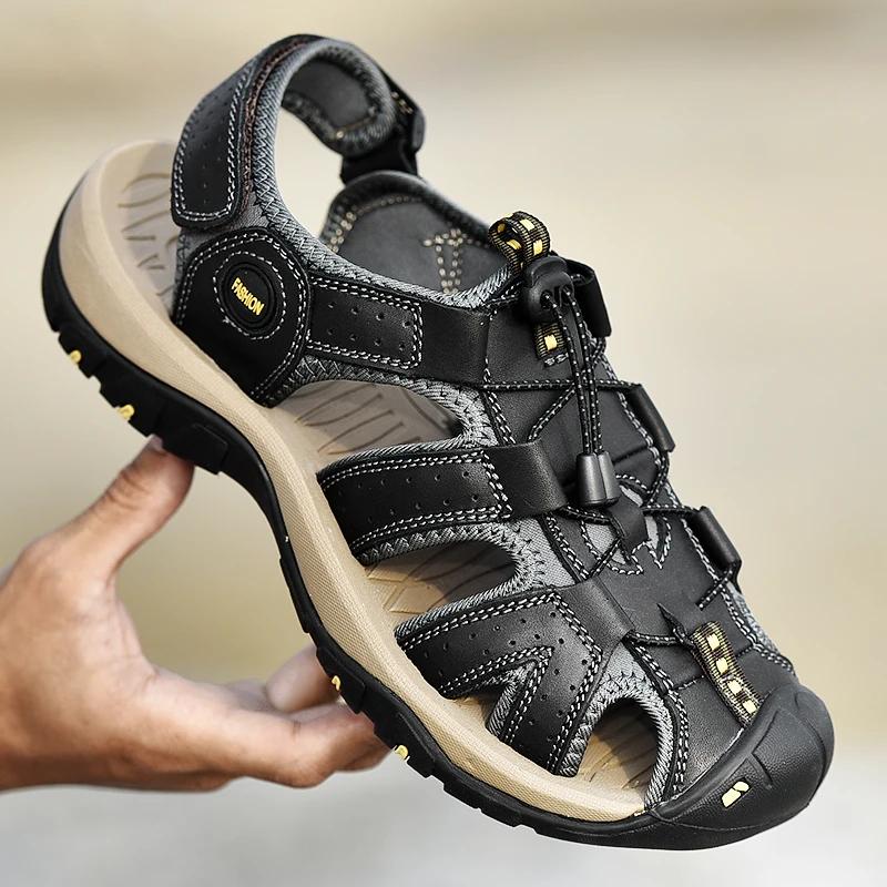 Fashion Summer Men's Casual Sandals Fashion Cow Leather Handmade Casual Shoes Outdoor Walking Sneakers Antiskid Beach Shoes Mocassins