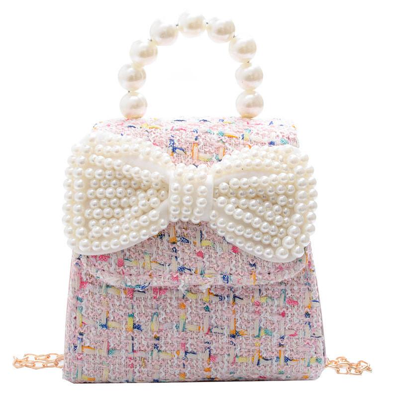 Trendy Girls Mini Handbag With Pearl Bow Soft Leather For Fashionable Kids Pink Bow