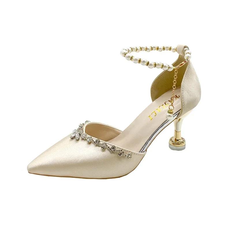 Fashion Pointed Toe Baotou Sandals Women's 2025 New Stiletto Hollow Single Shoes Versatile Pearl Strap Women's Shoes