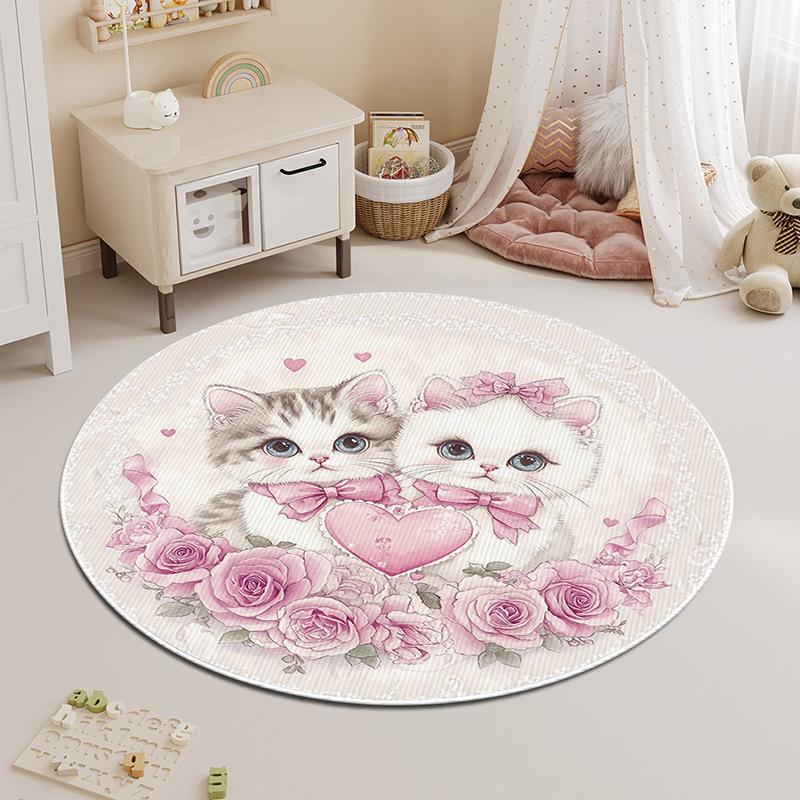 Round Carpet Bedroom Stain-resistant Cartoon Cat Bedside Children's Rug Floor Mat Living Room Washable Thickened Coffee Table Mat
