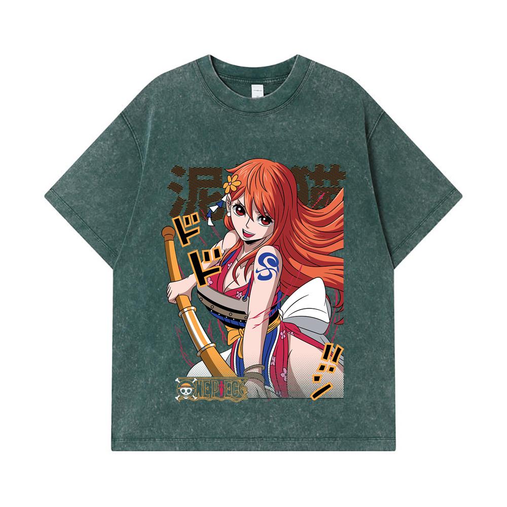 275 GSM Washed T-shirts 100% Cotton One Piece V41 Nami Print Unisex Heavy Cotton T Shirt