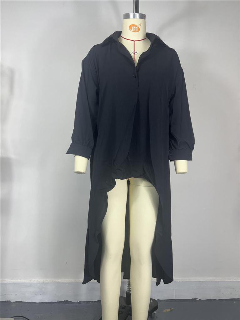 Women's Autumn/Winter Solid Color V-Neck Long Sleeve Irregular Long Shirt
