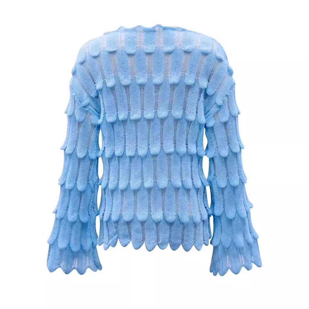 Chic Feather Loose Pullover: Stylish Women's Knit Sweater with Hollow-Out Design, Long Sleeves, and Lazy Style for Spring & Autumn.