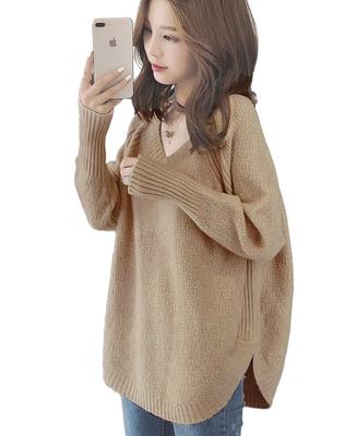 JudyRose Knit Long Stylish and Cute for Women's Sweater, V-Neck, Sleeve, Fall/Winter (Khaki)