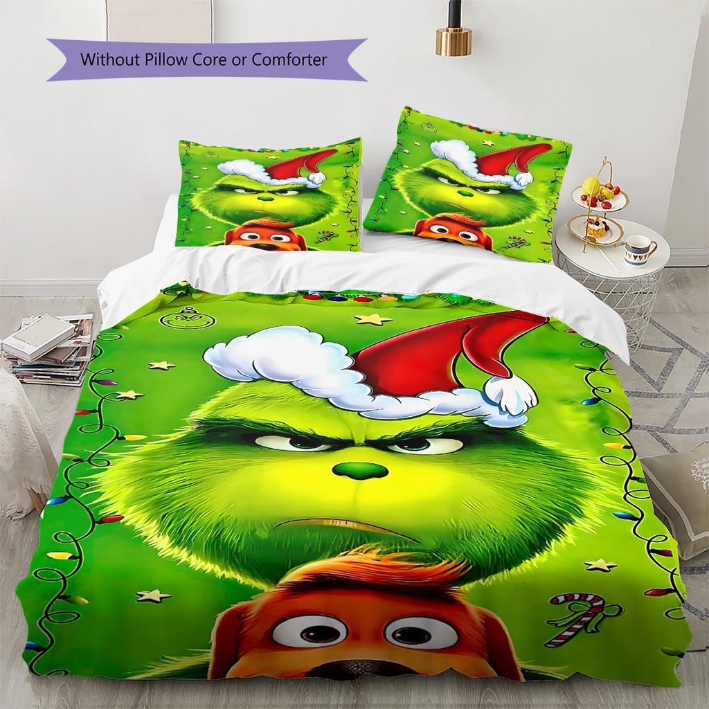1 Stück Grinch-Muster Bettwäsche Steppdecke Set Bettbezug Kissenbezug Heimdekoration Geburtstagsgeschenk (1 Bettbezug + 2 Kissenbezüge, ohne Füllung)