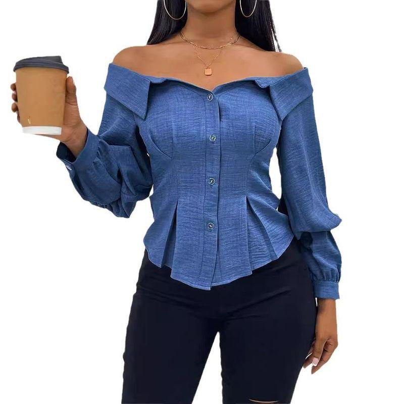 European and American Women clothes Off-shoulder blouse Top Waist Hugging Slimming Sexy Puff sleeve Long sleeve