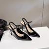 2025 new patent leather chain royal sister sexy black pointed thin heel temperament French high heels women's bag head sandals