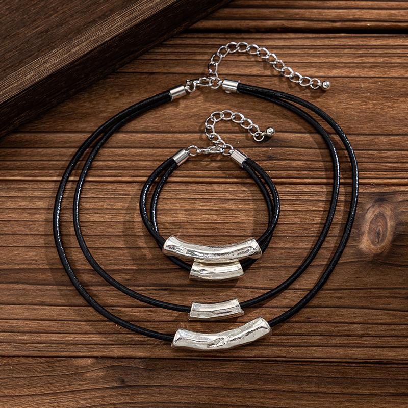 Trendy Oval Metal Necklace Bracelet Set For Women Vintage Gold Silver Color 2Pcs/Set Faux Leather Double Layered Chain Jewelry