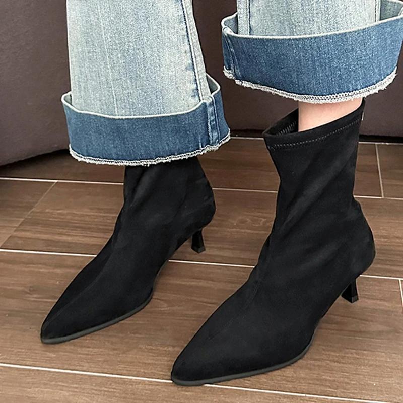 Cizme de gleznă cu toc înalt pentru femei, cu vârf ascuțit, Chelsea din piele întoarsă, pantofi de zăpadă, pluș, călduroase de iarnă, femeie 2024, trend, stiletto, sexy, botas mujer