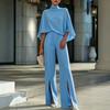Conjunto de Dos Piezas para Mujer: Top de Cuello Alto con Mangas tipo Capa y Pantalones de Pierna Ancha de Color Sólido, Atuendo Elegante