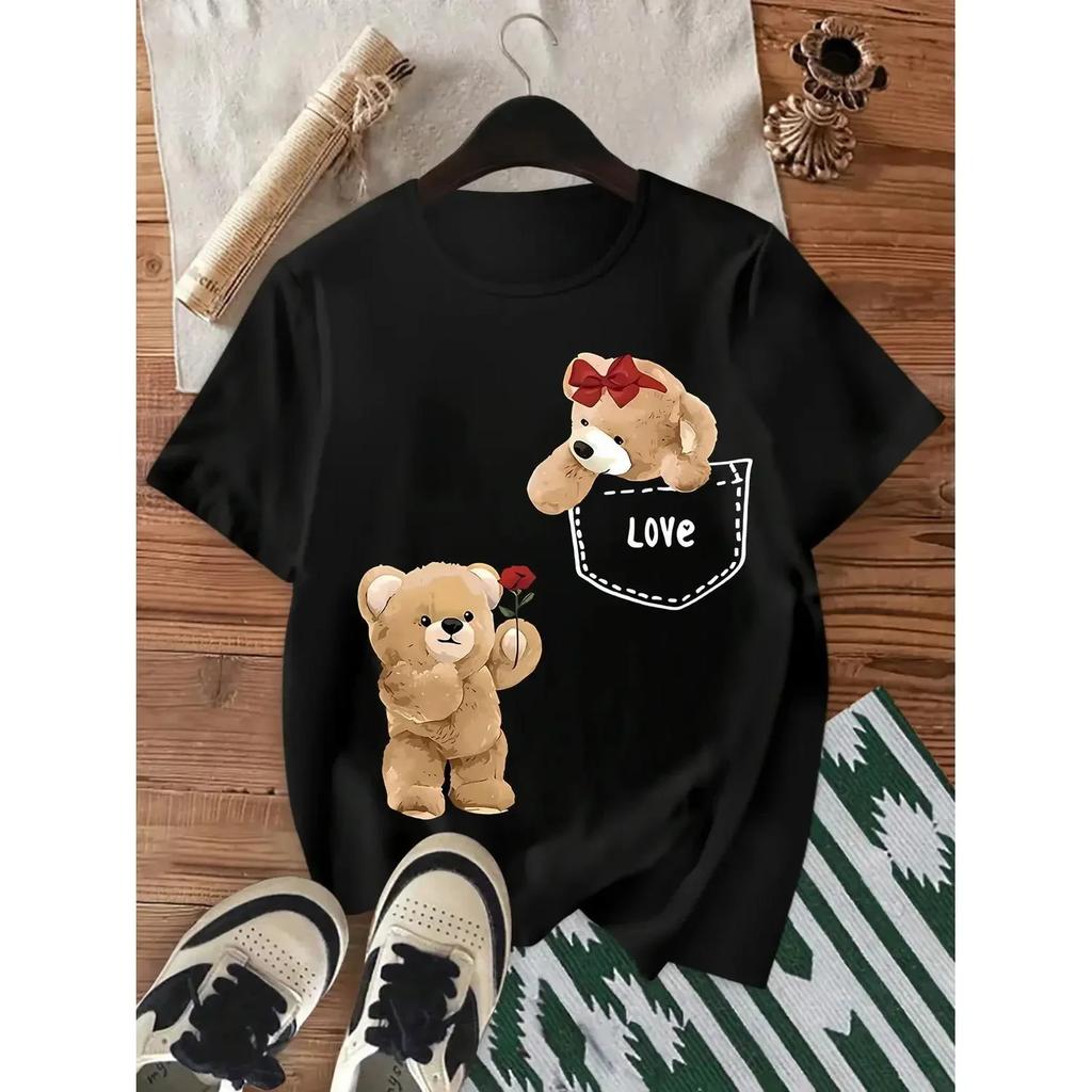 Women's Gray Teddy Bear Print Pocket T-Shirt: Cotton Cute Pink Bear Bow Tie Pock