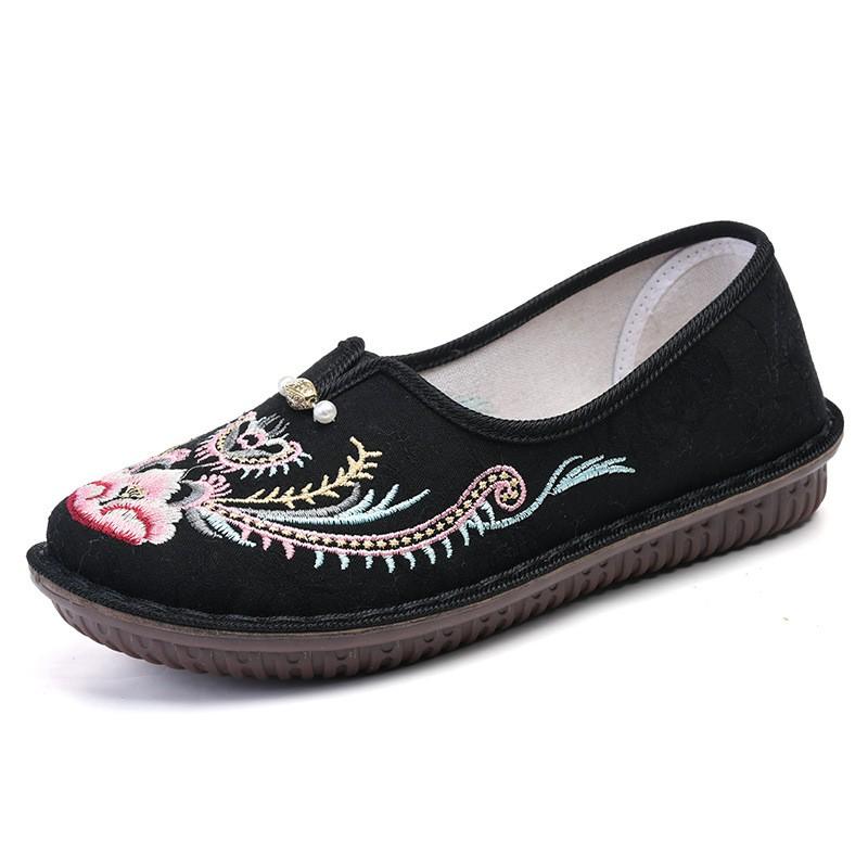 Womens Comfortable Flat Slip-On Shoes With Floral Embroidery Non-Slip Rubber Sole Cotton Upper Insole