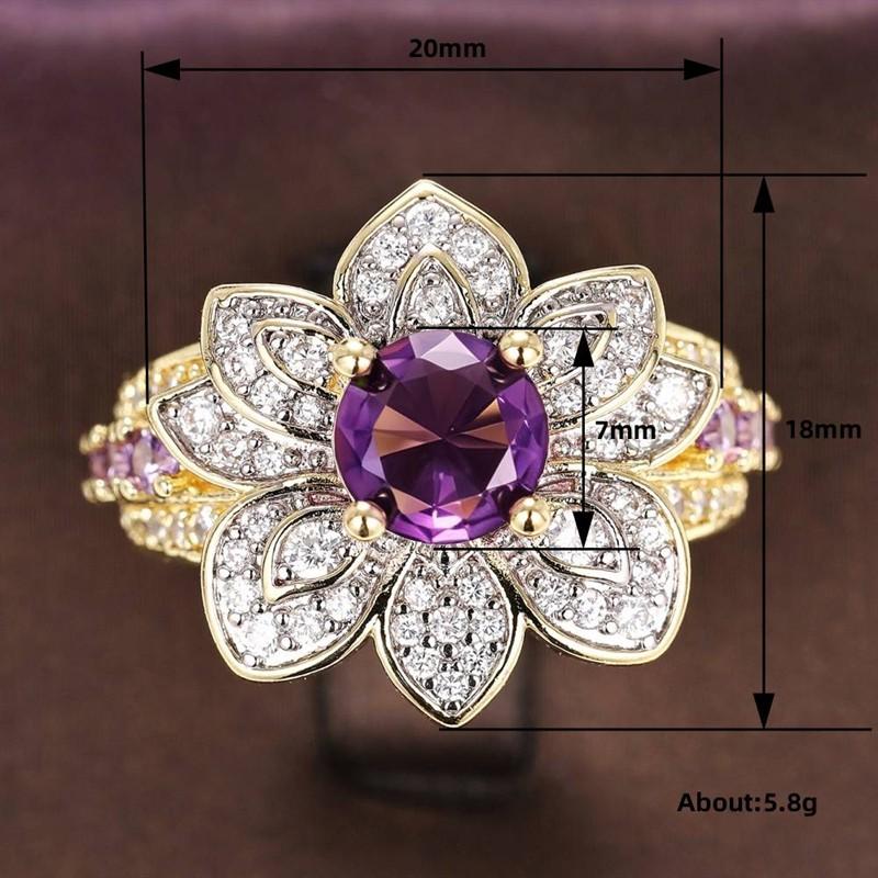 Huitan Gold Color Flower Ring Charming Purple Cubic Zirconia Accessories for Engagement Ceremony Fashion Party Zircon