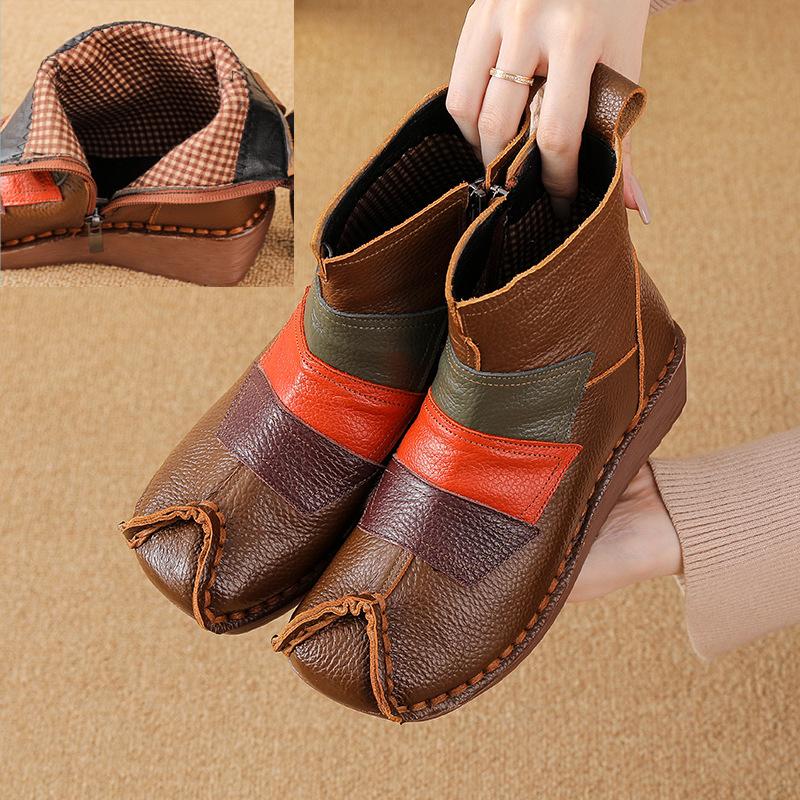 Johnature Ethnic Style Mixed Colors Genuine Leather Wedges Short Boots Warm Comfortable Women's Cotton Shoes