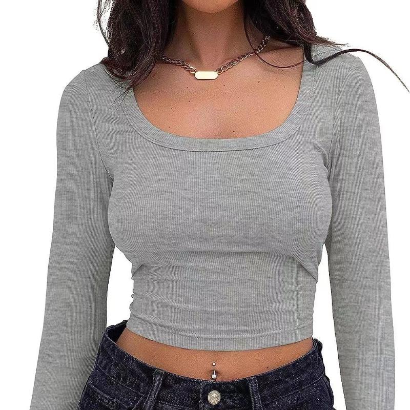 Women's Threaded Slim Fit Long Sleeve Square Neck T-shirt for Women S-XL Belly Button Top