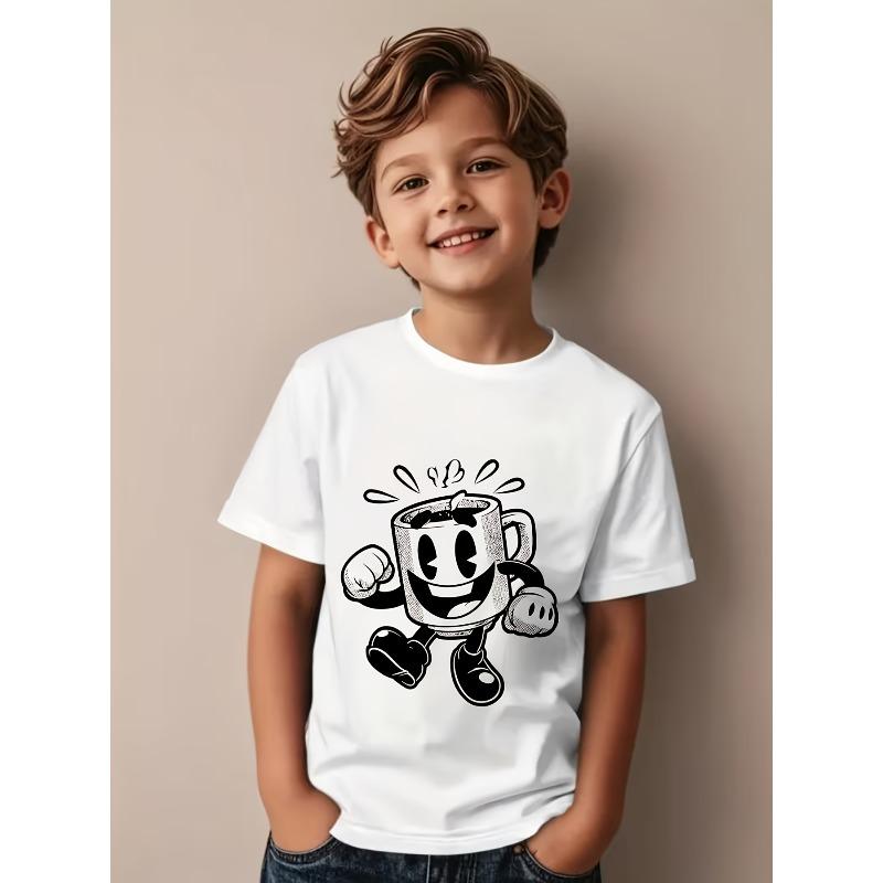

European Size Boys Round-neck Short-sleeved T-shirt with Cartoon Cup Pattern Print 98cm белый